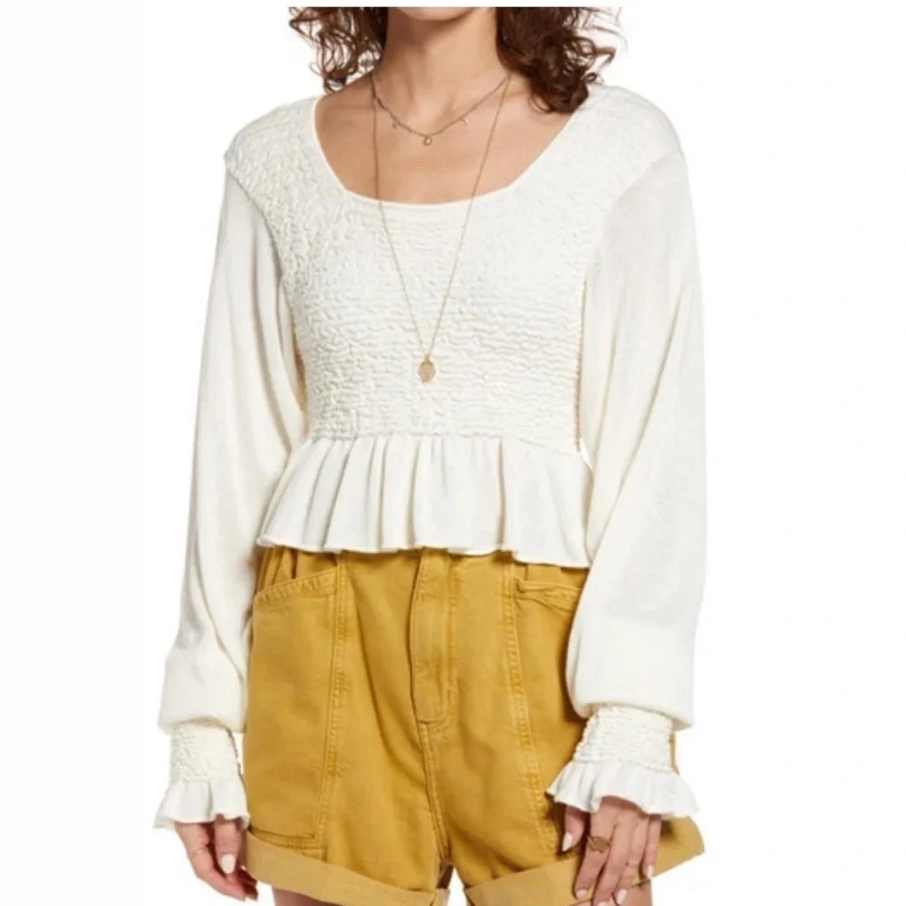 BOGO! Free People Free Spirit Smocked Peplum Pullover Sweater Cream XS